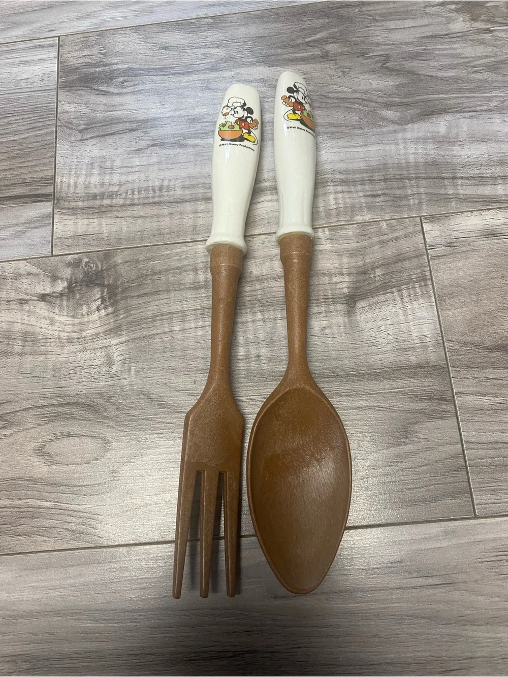 Vintage Disney Mickey Mouse 2pc Salad Serving Spoon & Fork Set Ceramic Handle